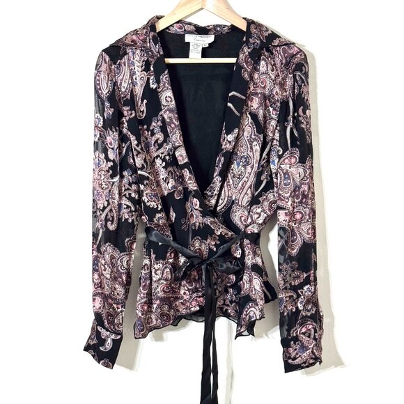 Adrianna Papell Tops - Vtg Y2K Silk Beaded Paisley Wrap Top Jacket Floral Tie Belt Whimsigoth Witchy